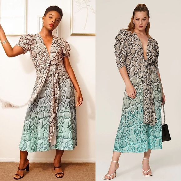 AFRM Teal Ombre Colorblock Snake Print Puff Sleeve Tie Plunge V-Neck Dress XS - Picture 1 of 7